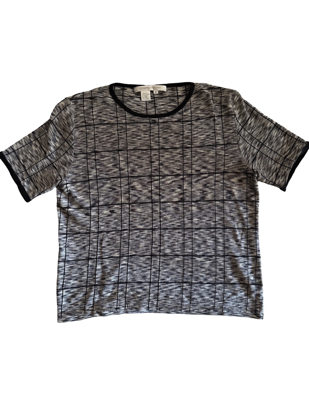 Black & Gray Grid Crewneck Short Sleeve Tee 100% Sillk